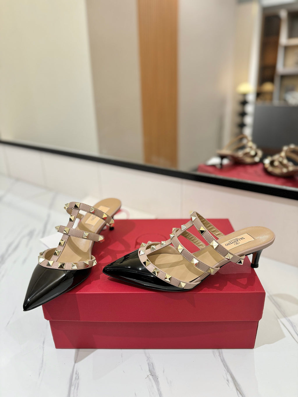 VALENTINO 26S STUDDED HEELED MULES 50 MM IN BLACK PATENT CALFSKIN