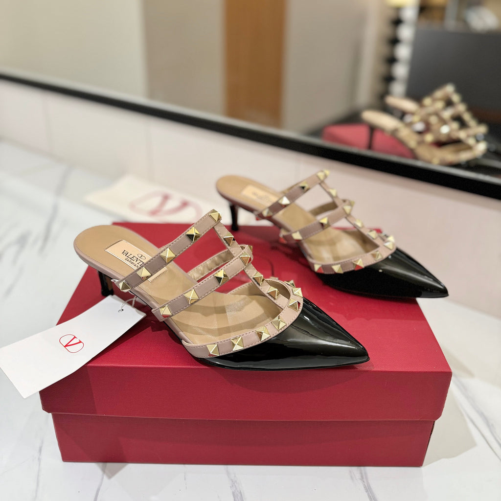 VALENTINO 26S STUDDED HEELED MULES 50 MM IN BLACK PATENT CALFSKIN