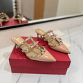 VALENTINO 26S STUDDED HEELED MULES 50 MM IN BEIGE PINK PATENT CALFSKIN