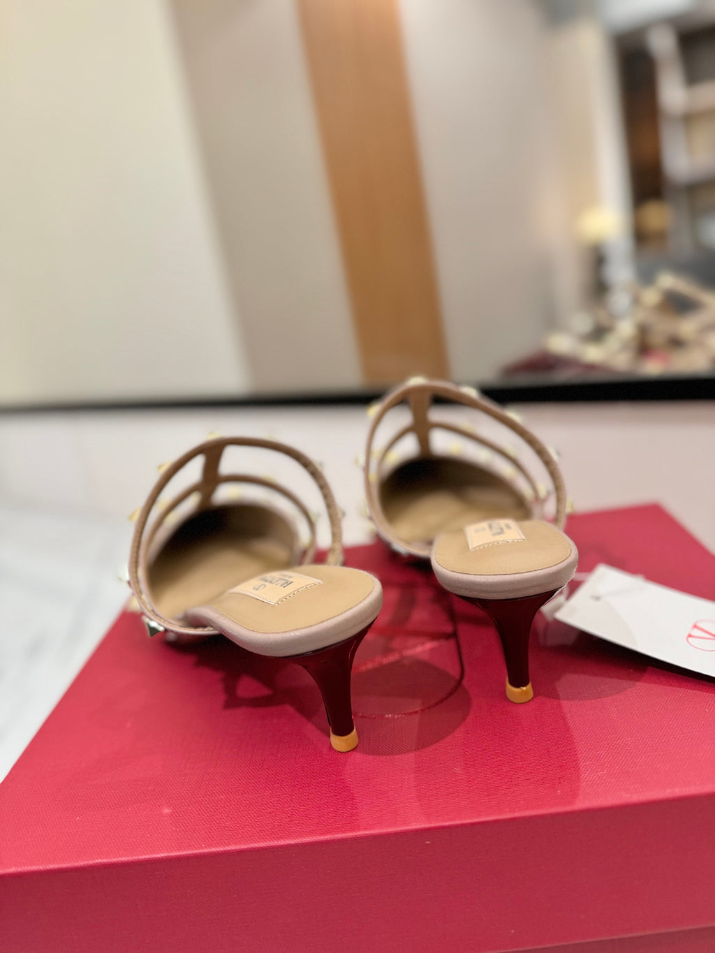 VALENTINO 26S STUDDED HEELED MULES 50 MM IN DARK RED PATENT CALFSKIN