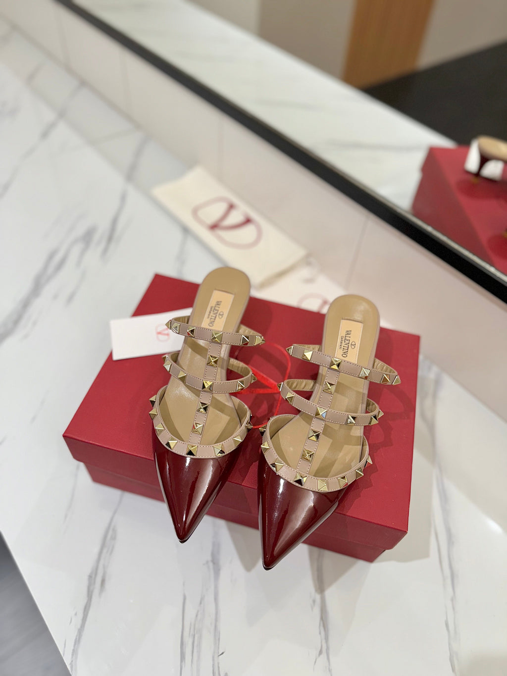 VALENTINO 26S STUDDED HEELED MULES 50 MM IN DARK RED PATENT CALFSKIN