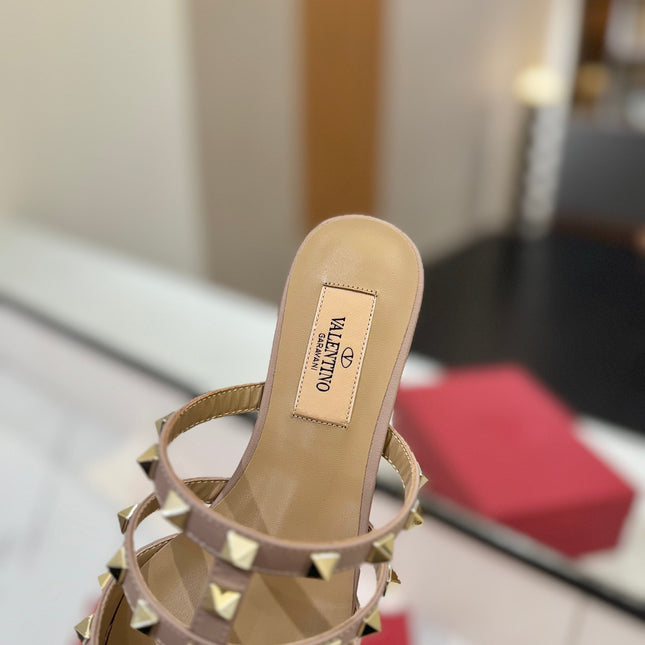 VALENTINO 26S STUDDED FLAT MULES IN NUDE PATENT CALFSKIN