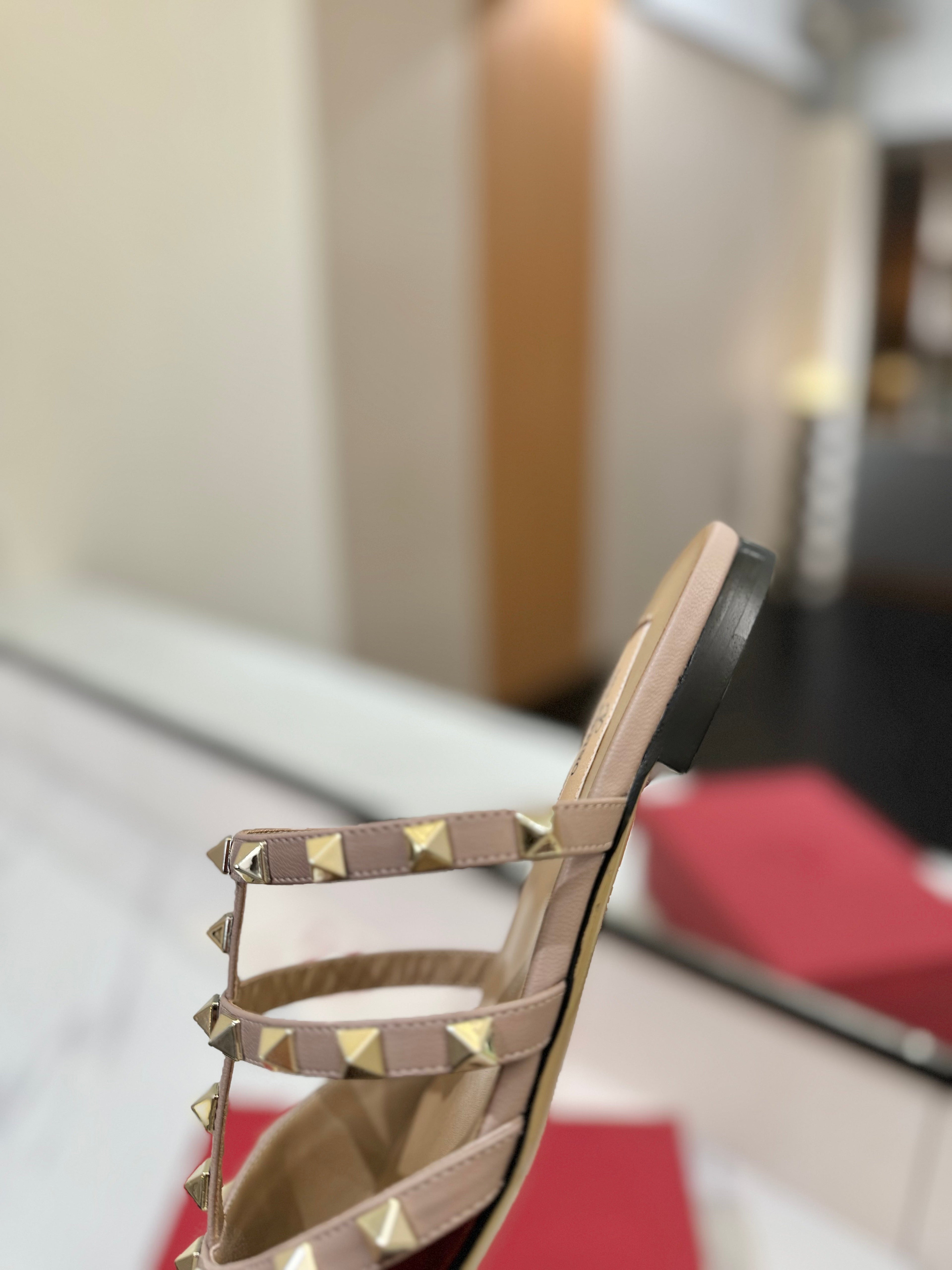 VALENTINO 26S STUDDED FLAT MULES IN DARK RED PATENT CALFSKIN