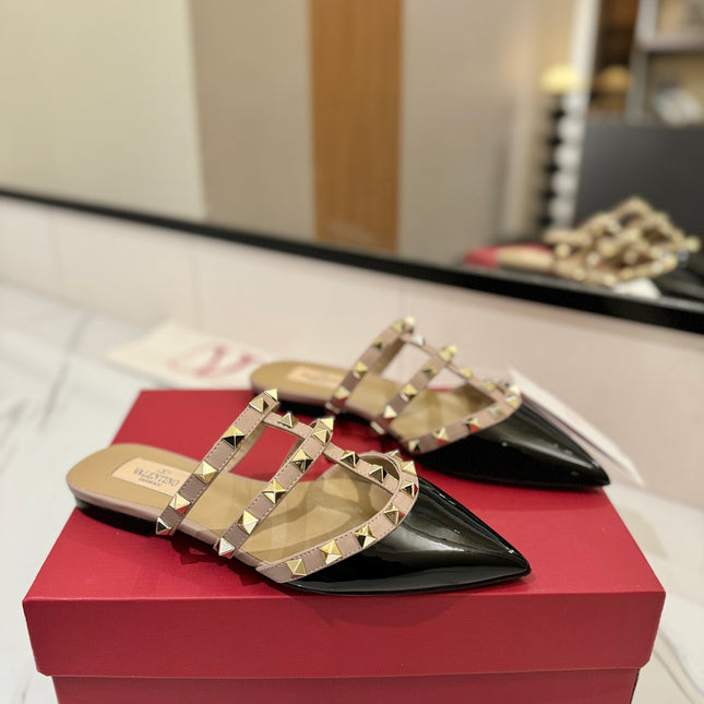 VALENTINO 26S STUDDED FLAT MULES IN BLACK PATENT CALFSKIN
