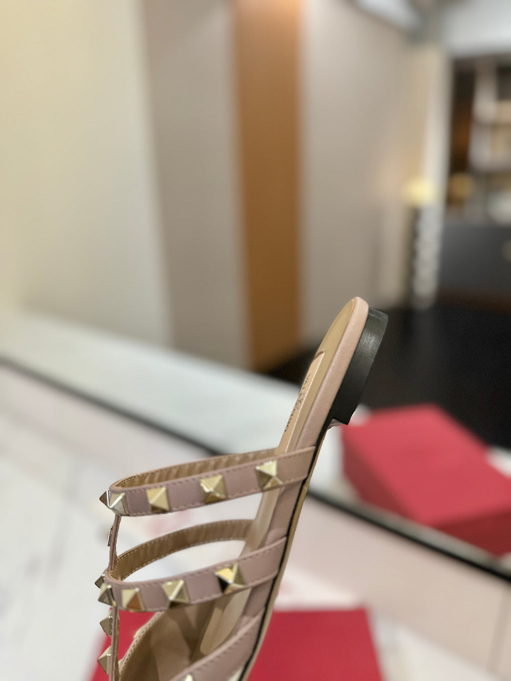VALENTINO 26S STUDDED FLAT MULES IN WHITE PATENT CALFSKIN