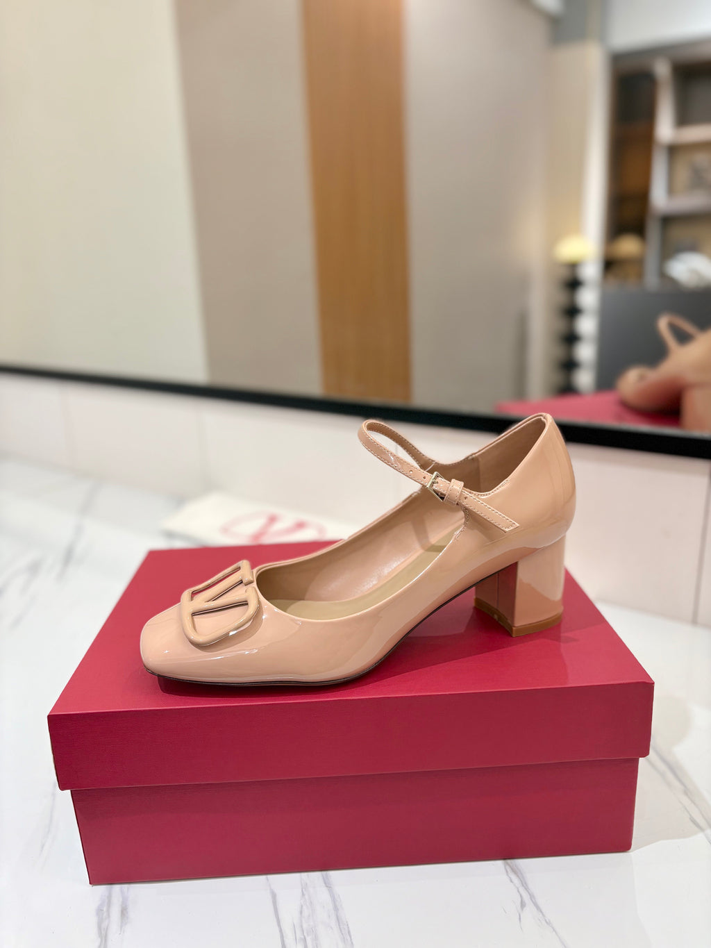 VALENTINO 26S MARY JANE HEELS 60 MM IN NUDE PATENT CALFSKIN