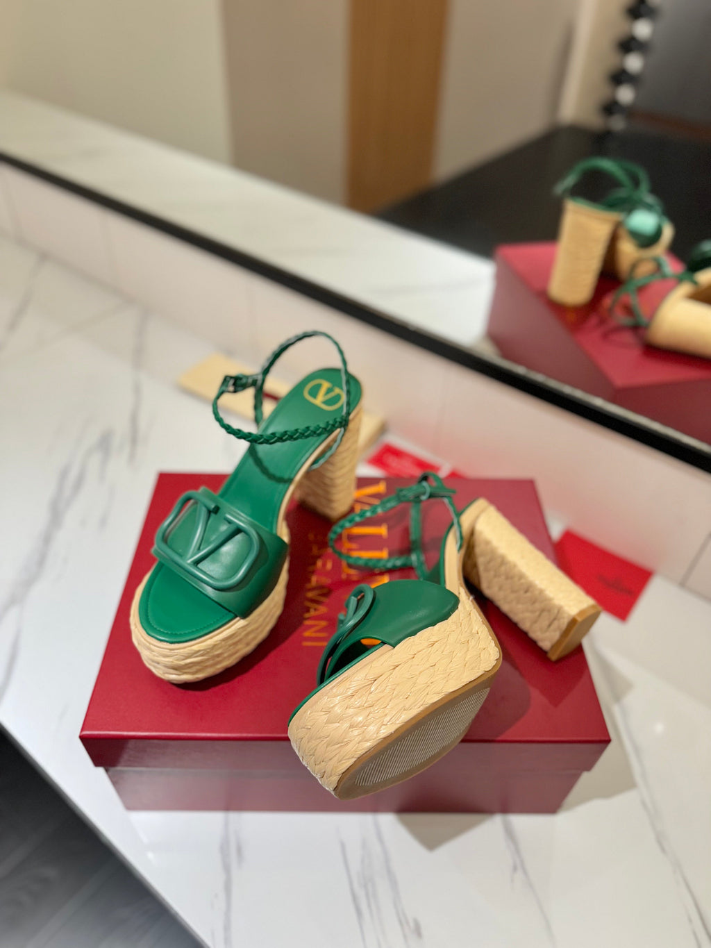 VLTN ESPADRILLE WEDGE SANDALS 25S 115 MM IN DARK GREEN LAMBSKIN