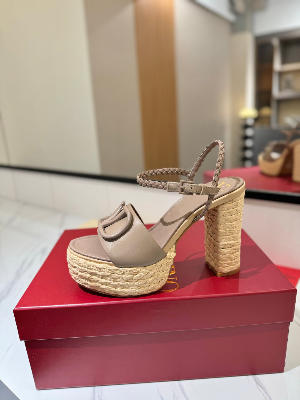 VLTN ESPADRILLE WEDGE SANDALS 25S 115 MM IN BEIGE BROWN LAMBSKIN