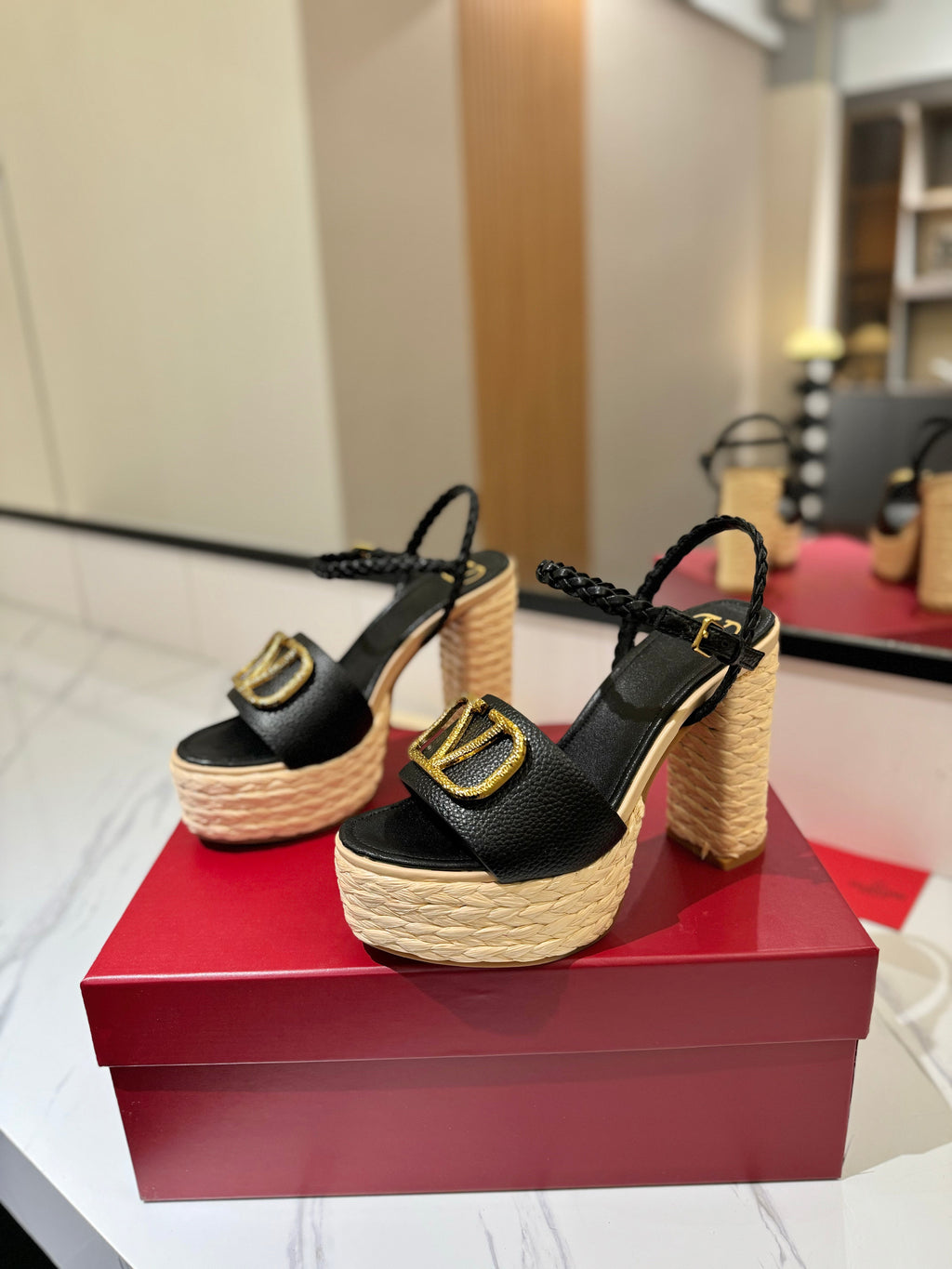 VLTN ESPADRILLE WEDGE SANDALS 25S 115 MM IN BLACK LAMBSKIN WITH GOLD HARDWARE