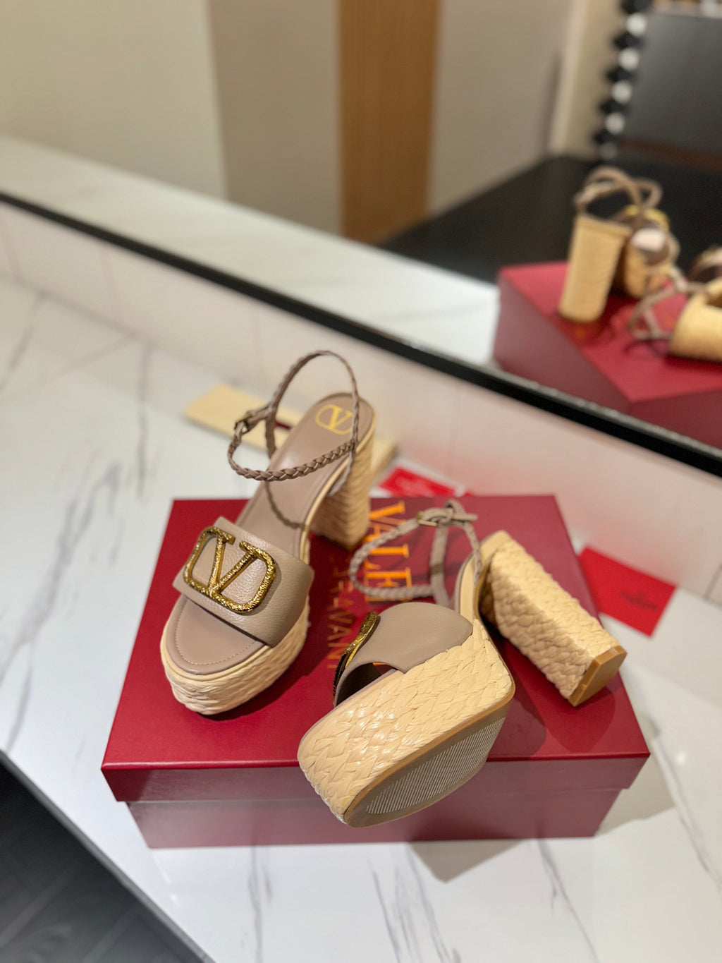 VLTN ESPADRILLE WEDGE SANDALS 25S 115 MM IN BEIGE BROWN LAMBSKIN WITH GOLD HARDWARE