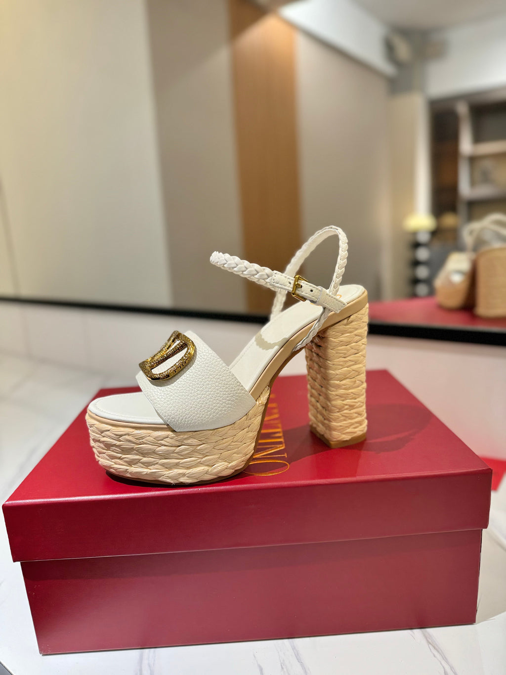 VLTN ESPADRILLE WEDGE SANDALS 25S 115 MM IN WHITE LAMBSKIN WITH GOLD HARDWARE