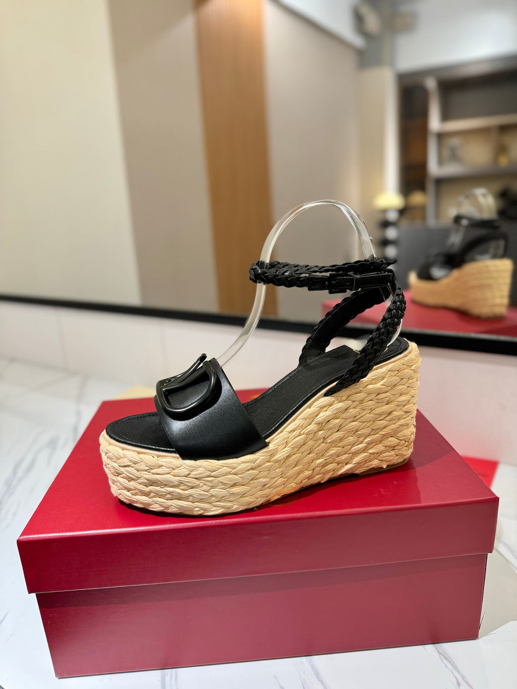 VLTN ESPADRILLE WEDGE SANDALS 25S 90 MM IN BLACK LAMBSKIN STYLE 10