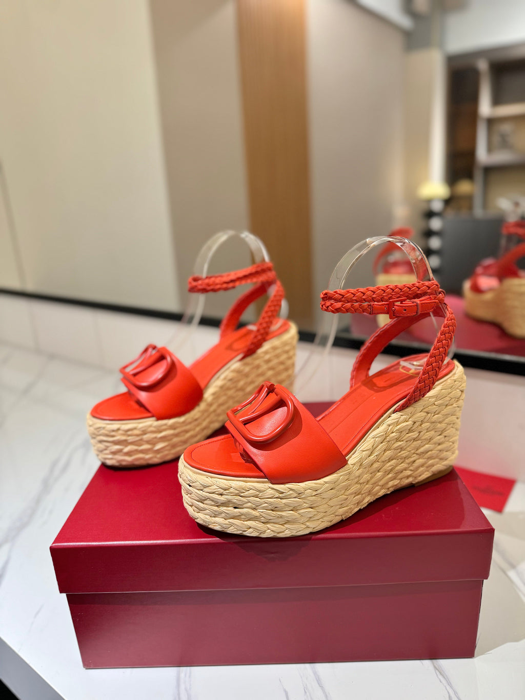 VLTN ESPADRILLE WEDGE SANDALS 25S 90 MM IN ORANGE LAMBSKIN STYLE 8