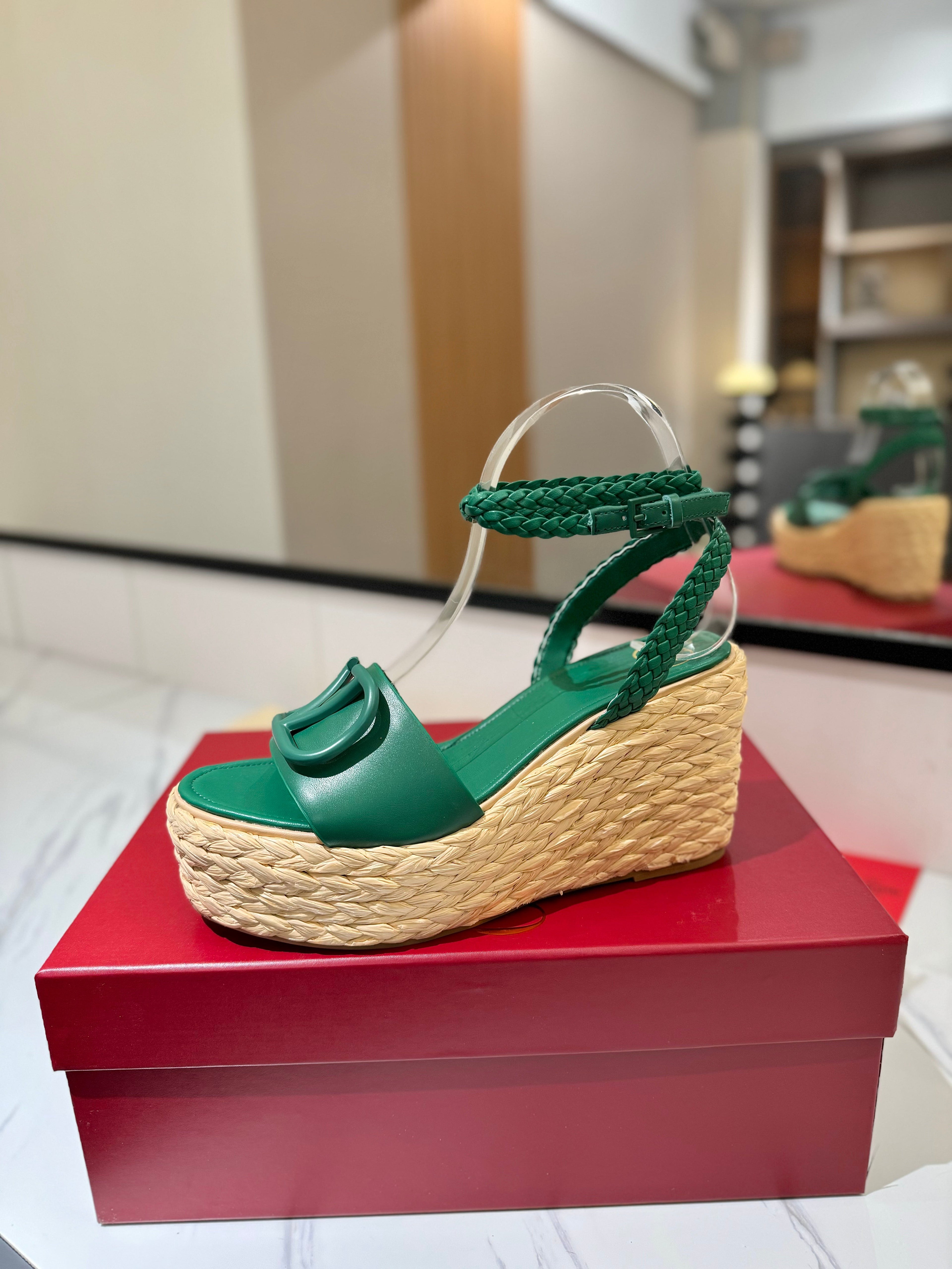 VLTN ESPADRILLE WEDGE SANDALS 25S 90 MM IN DARK GREEN LAMBSKIN STYLE 6