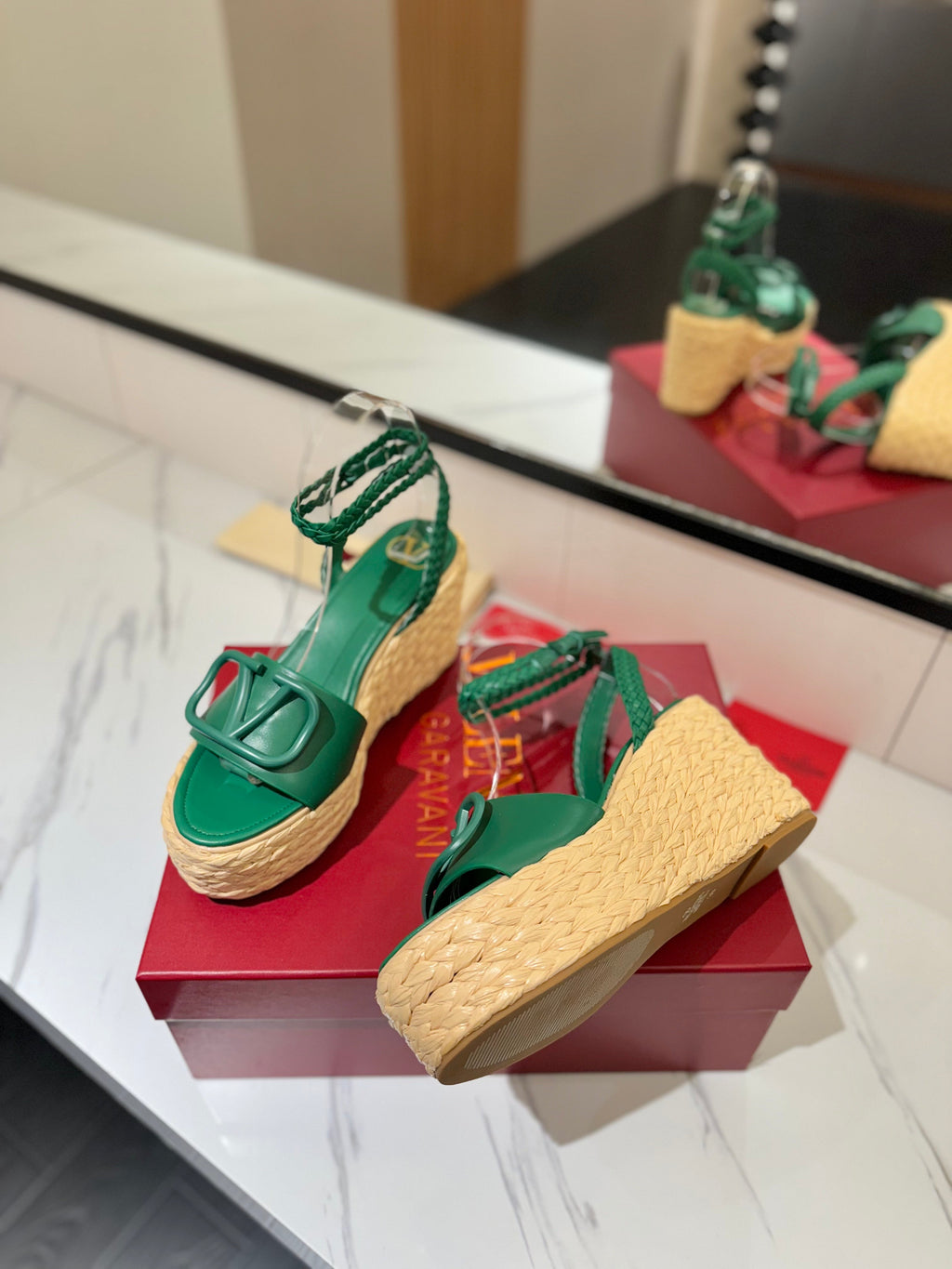 VLTN ESPADRILLE WEDGE SANDALS 25S 90 MM IN DARK GREEN LAMBSKIN STYLE 6