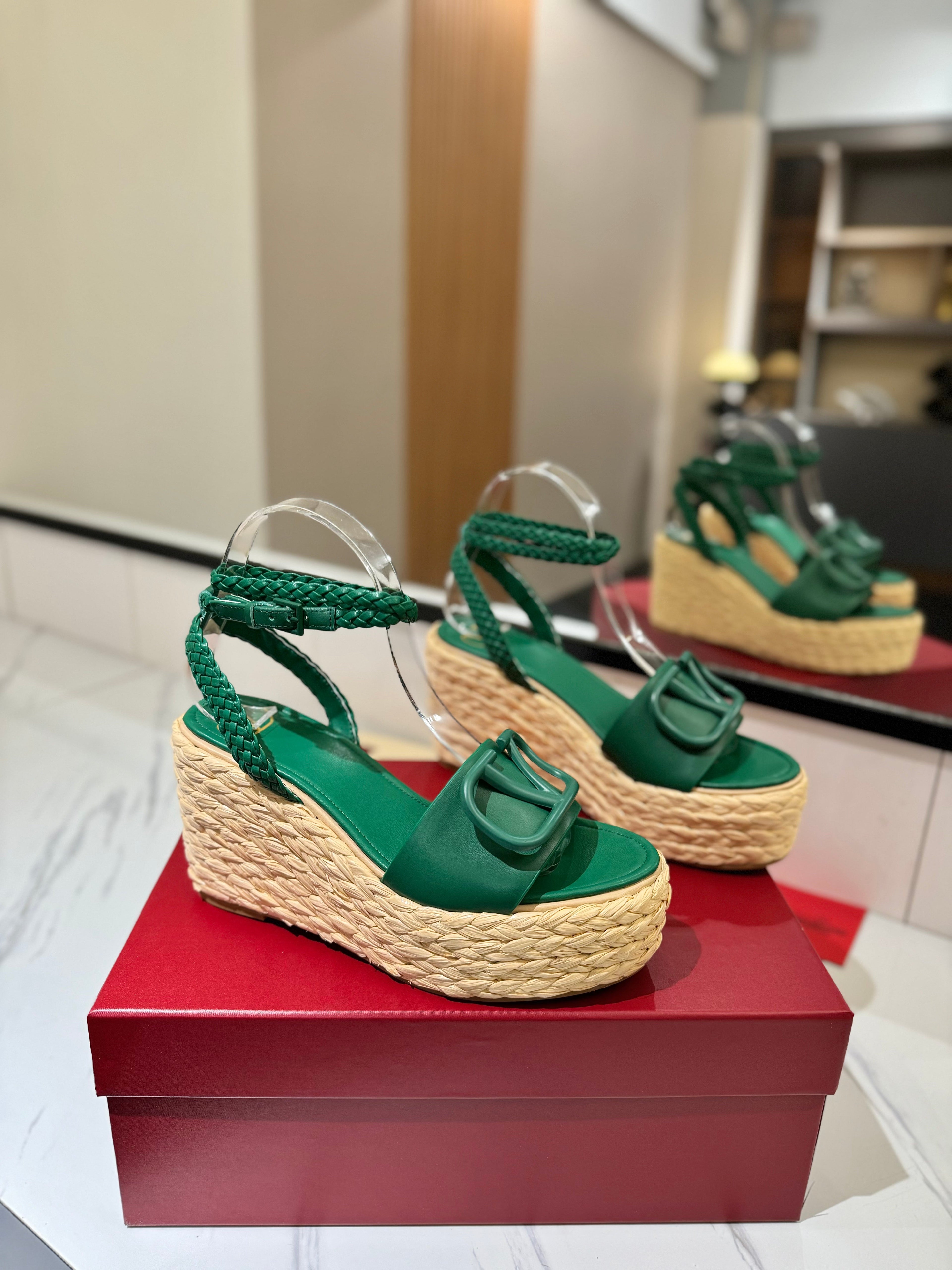 VLTN ESPADRILLE WEDGE SANDALS 25S 90 MM IN DARK GREEN LAMBSKIN STYLE 6