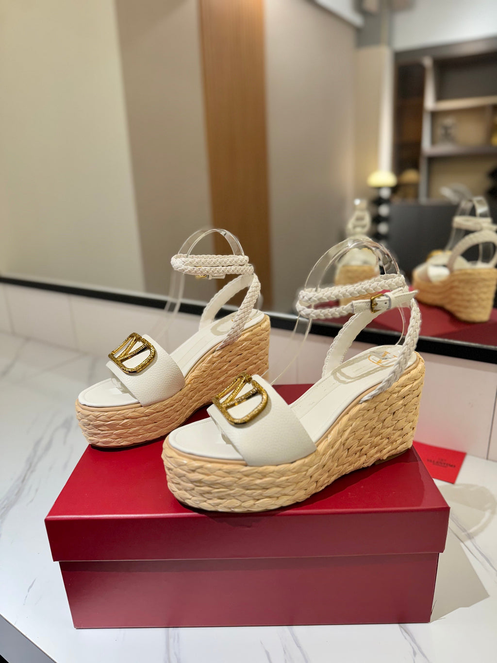 VLTN ESPADRILLE WEDGE SANDALS 25S 90 MM IN WHITE LAMBSKIN STYLE 3