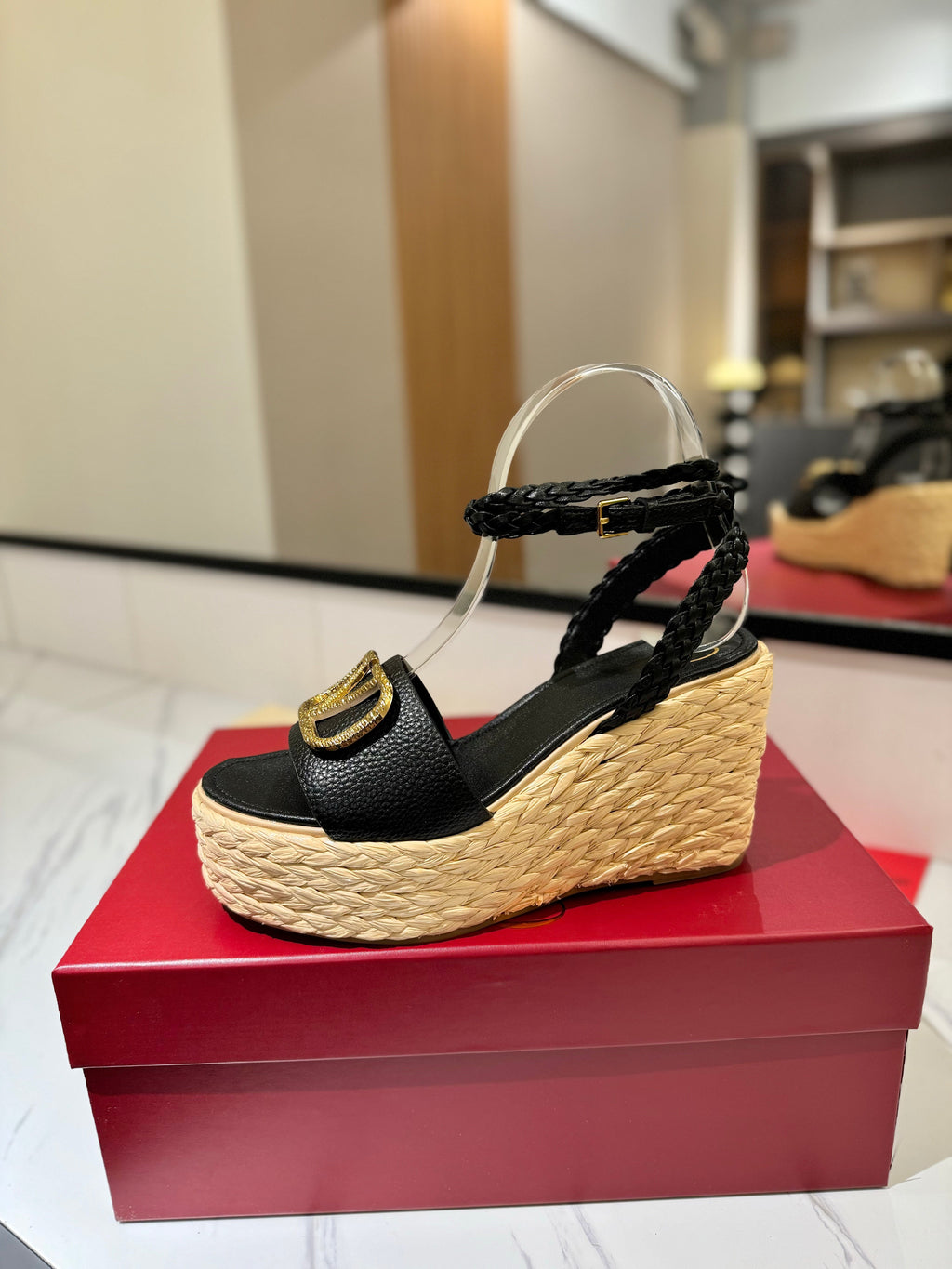 VLTN ESPADRILLE WEDGE SANDALS 25S 90 MM IN BLACK LAMBSKIN STYLE 2