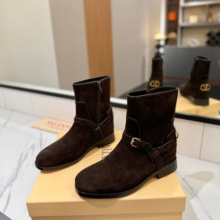 VALENTINO 25S PATTIE ANKLE BOOTS IN DARK BROWN SUEDE WITH GOLD HARDWARE