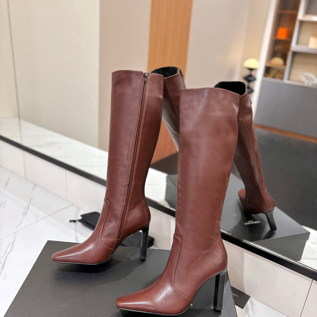 YSL 26S KNEE-HIGH BOOTS 95 MM IN BROWN CALFSKIN