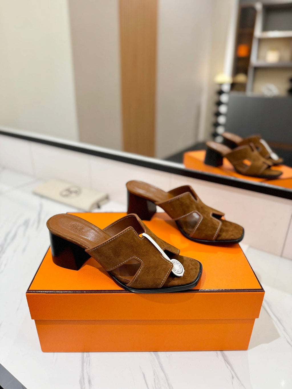 HM 26S HELIA SANDAL 70MM IN CARAMEL BROWN SUEDE