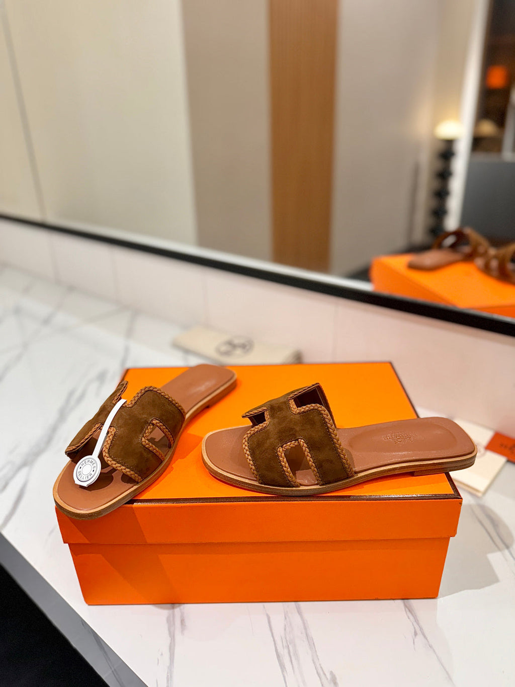 HM 26S ORAN SANDALS IN CARAMEL BROWN SUEDE WITH TAN BOWN BRAIDED TRIM