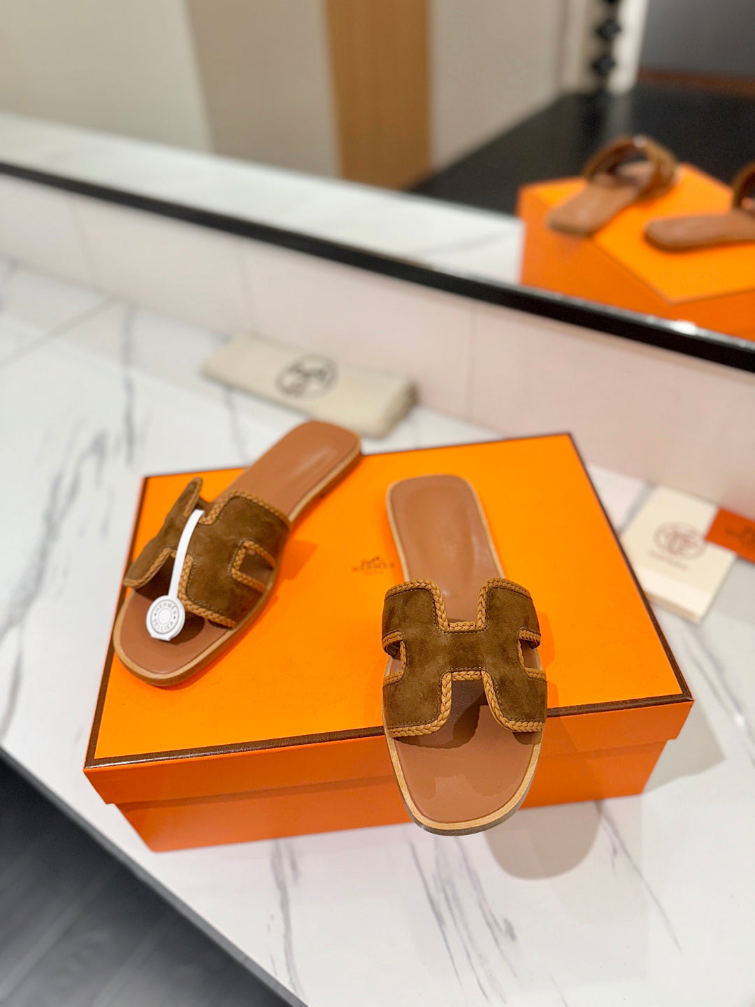 HM 26S ORAN SANDALS IN CARAMEL BROWN SUEDE WITH TAN BOWN BRAIDED TRIM