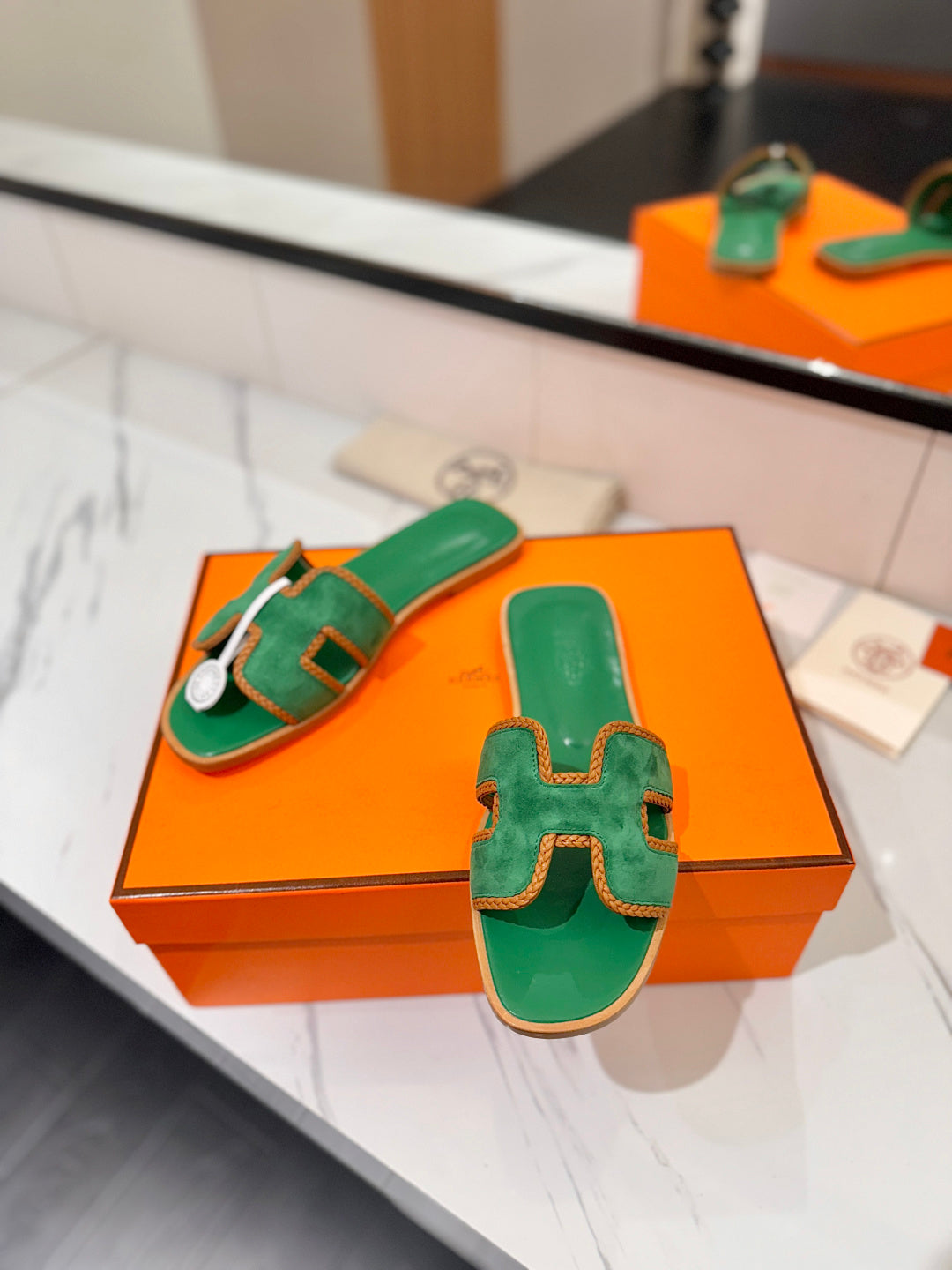 HM 26S ORAN SANDALS IN GREEN SUEDE WITH TAN BOWN BRAIDED TRIM