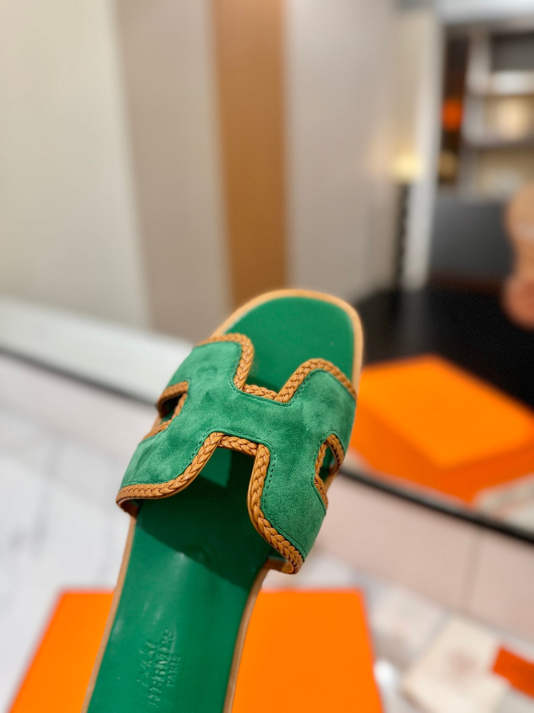 HM 26S ORAN SANDALS IN GREEN SUEDE WITH TAN BOWN BRAIDED TRIM