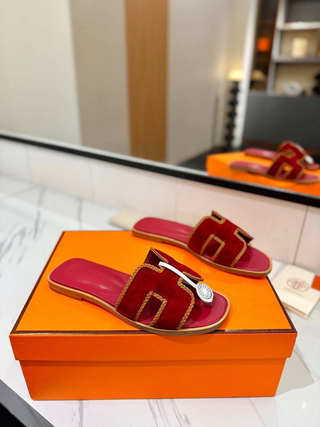 HM 26S ORAN SANDALS IN DARK RED SUEDE WITH TAN BOWN BRAIDED TRIM