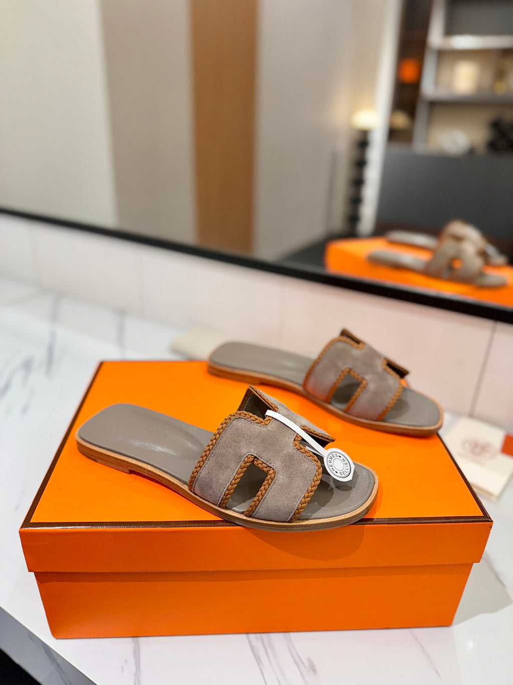 HM 26S ORAN SANDALS IN BROWN SUEDE WITH TAN BOWN BRAIDED TRIM