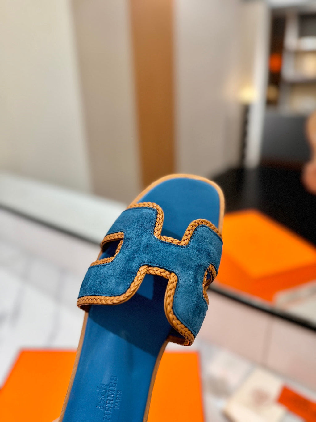 HM 26S ORAN SANDALS IN BLUE SUEDE WITH TAN BOWN BRAIDED TRIM