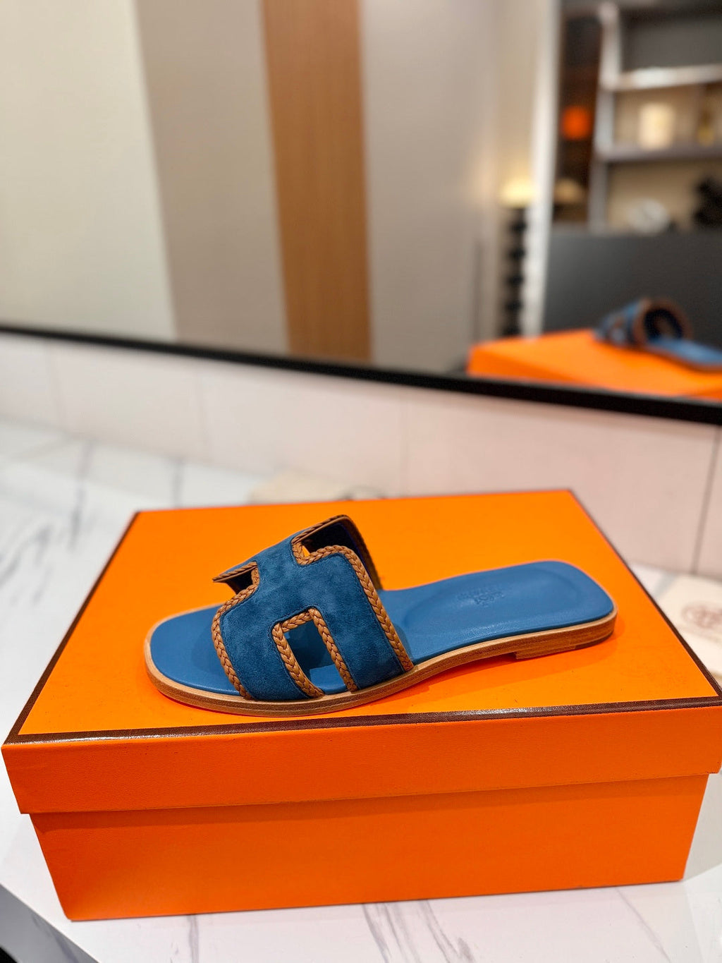 HM 26S ORAN SANDALS IN BLUE SUEDE WITH TAN BOWN BRAIDED TRIM