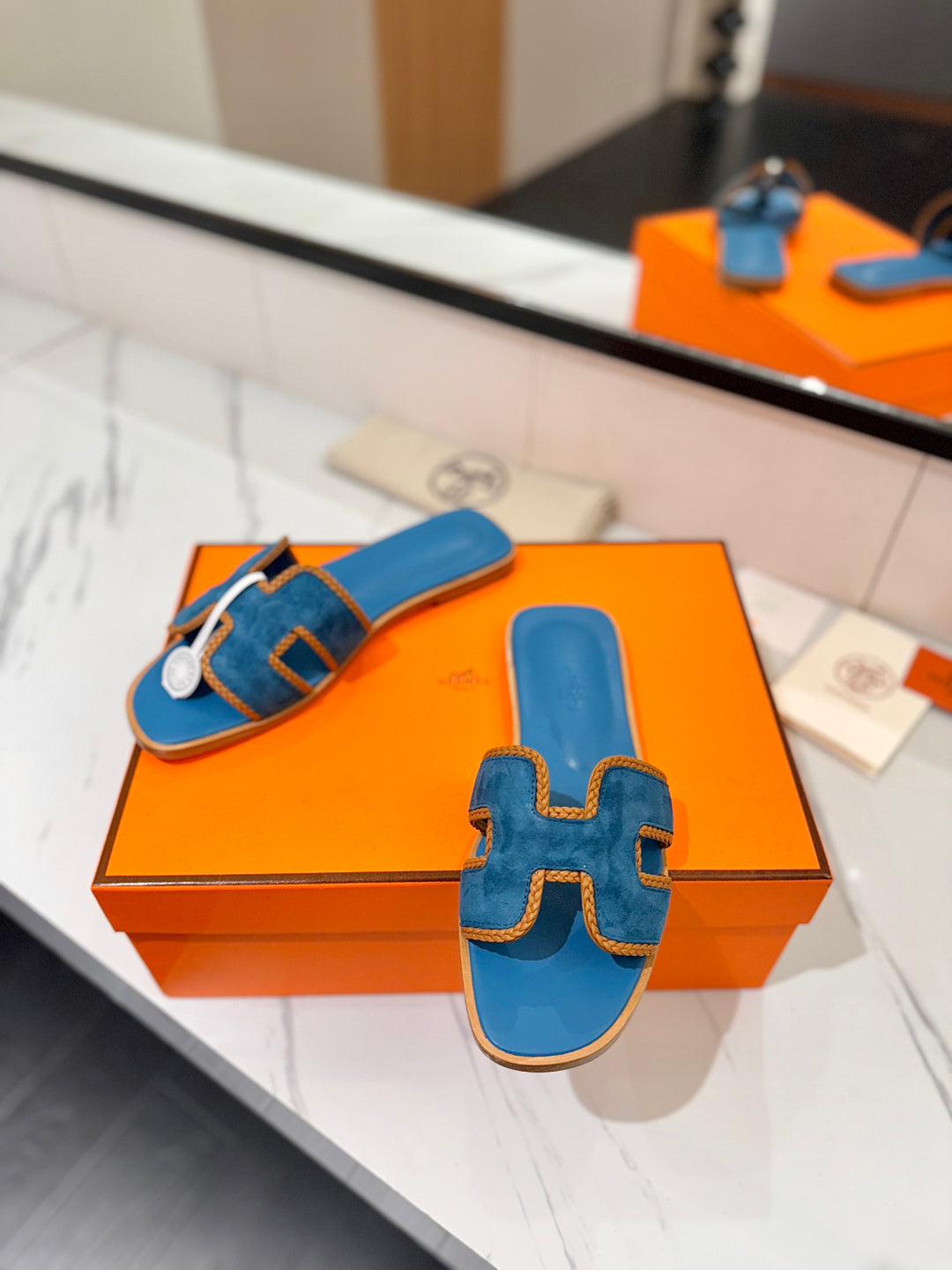 HM 26S ORAN SANDALS IN BLUE SUEDE WITH TAN BOWN BRAIDED TRIM