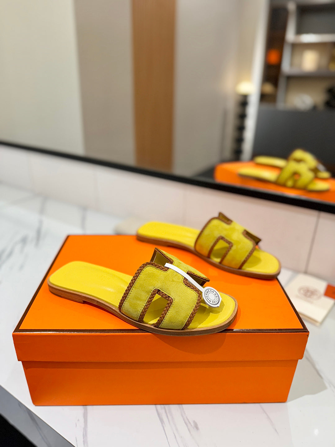 HM 26S ORAN SANDALS IN YELLOW SUEDE WITH TAN BOWN BRAIDED TRIM