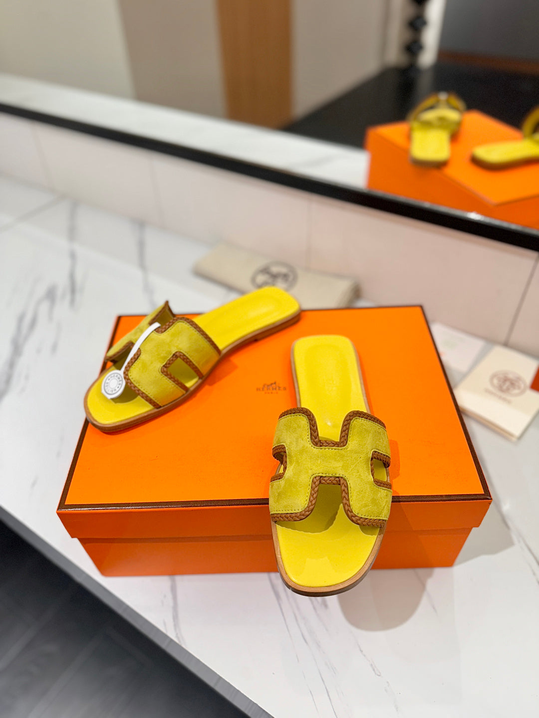 HM 26S ORAN SANDALS IN YELLOW SUEDE WITH TAN BOWN BRAIDED TRIM