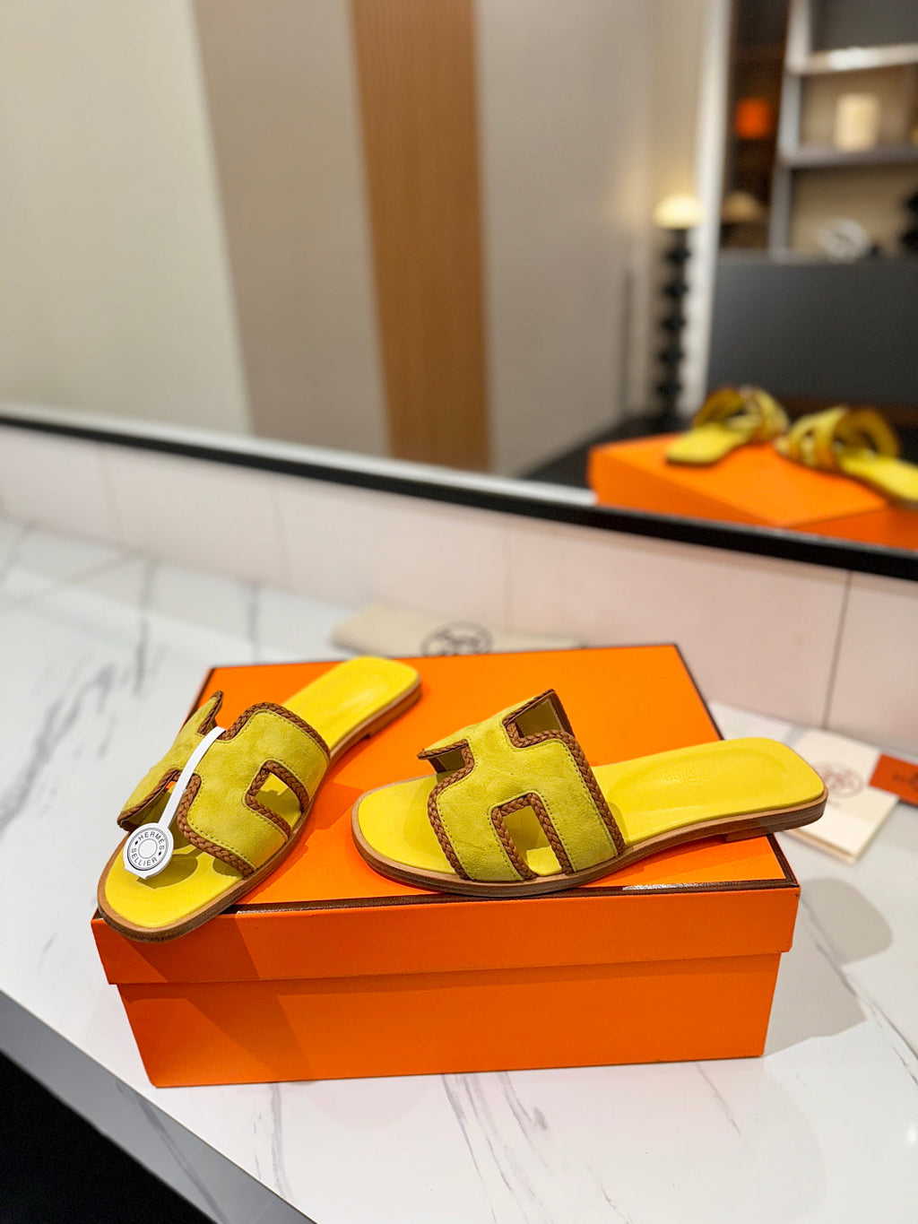 HM 26S ORAN SANDALS IN YELLOW SUEDE WITH TAN BOWN BRAIDED TRIM