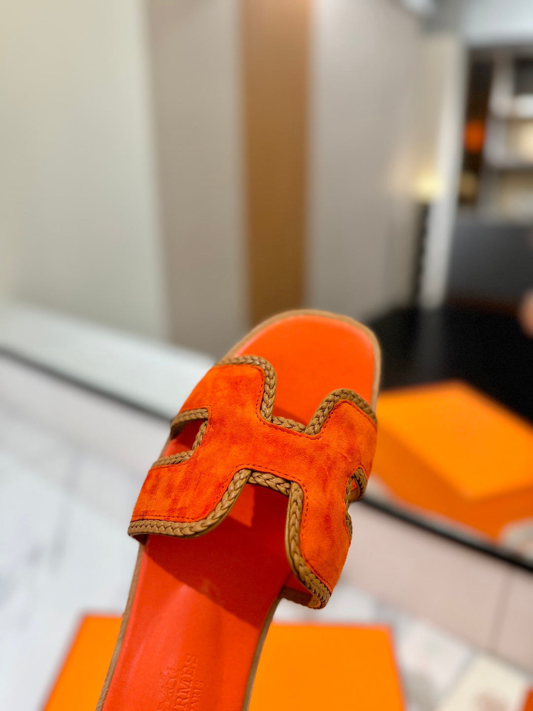 HM 26S ORAN SANDALS IN ORANGE SUEDE WITH TAN BOWN BRAIDED TRIM