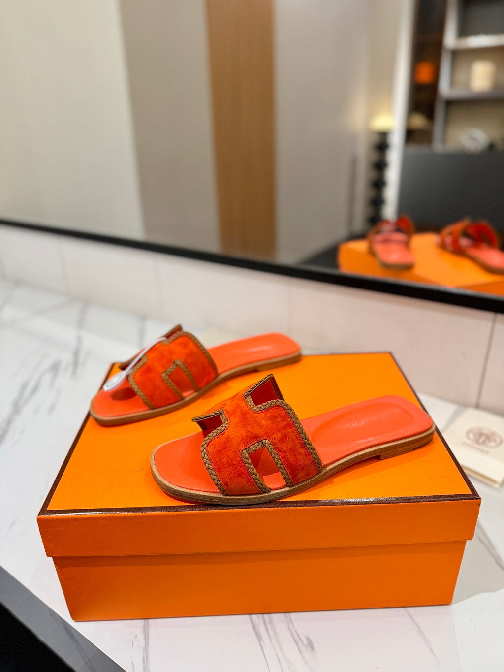 HM 26S ORAN SANDALS IN ORANGE SUEDE WITH TAN BOWN BRAIDED TRIM