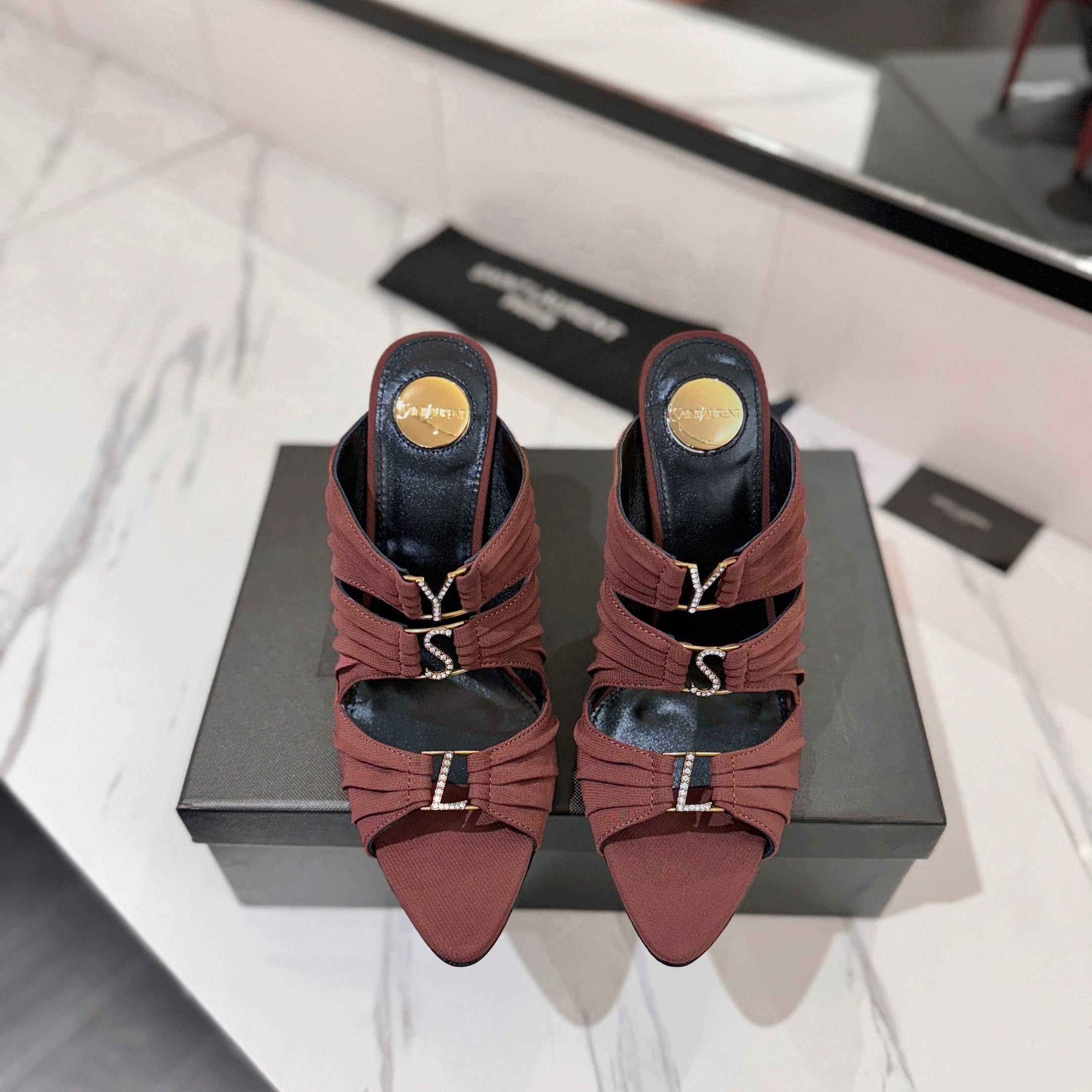 YSL 26S HEELED SANDALS 100 MM IN DARK BROWN FABRIC