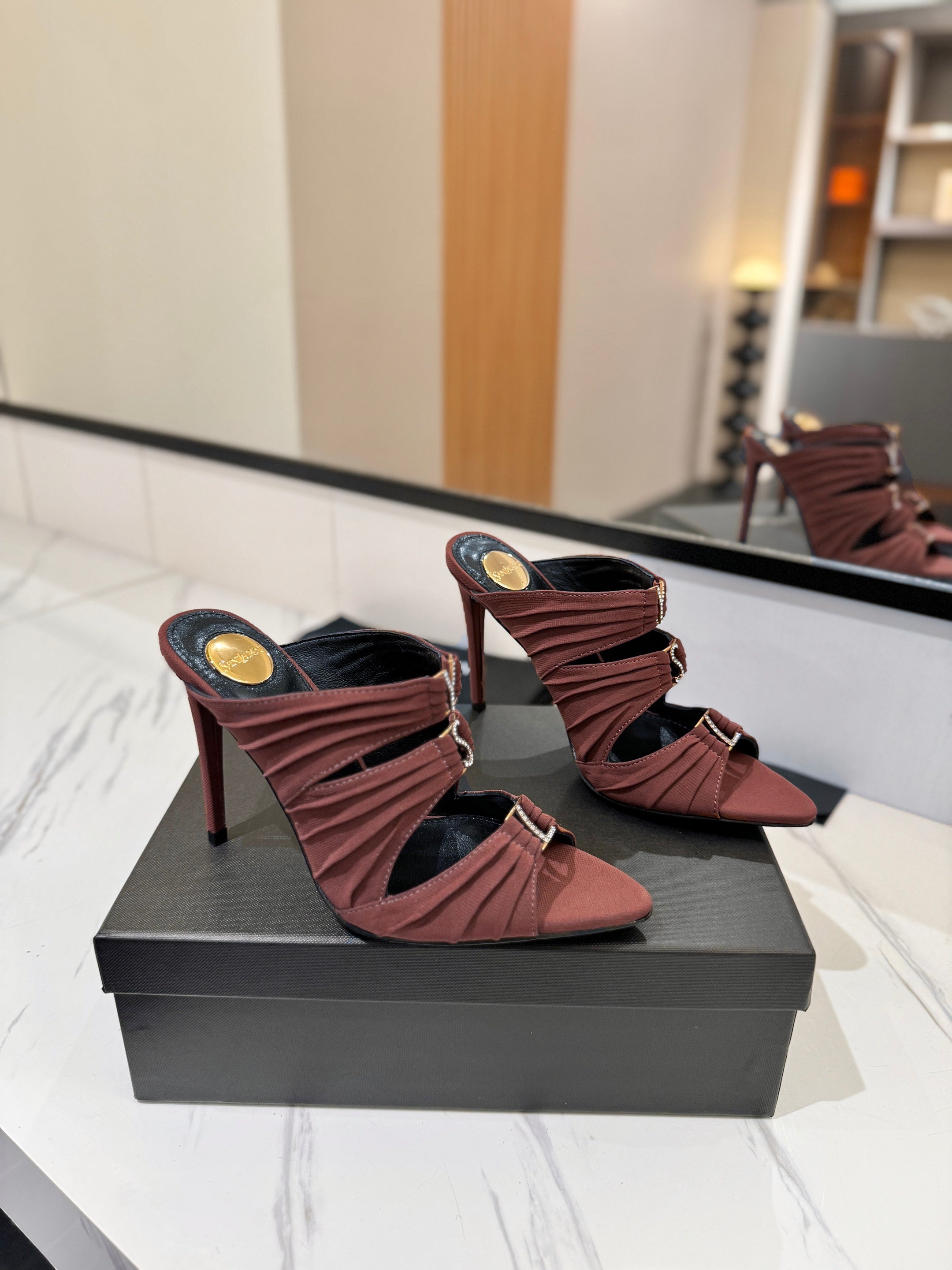 YSL 26S HEELED SANDALS 100 MM IN DARK BROWN FABRIC