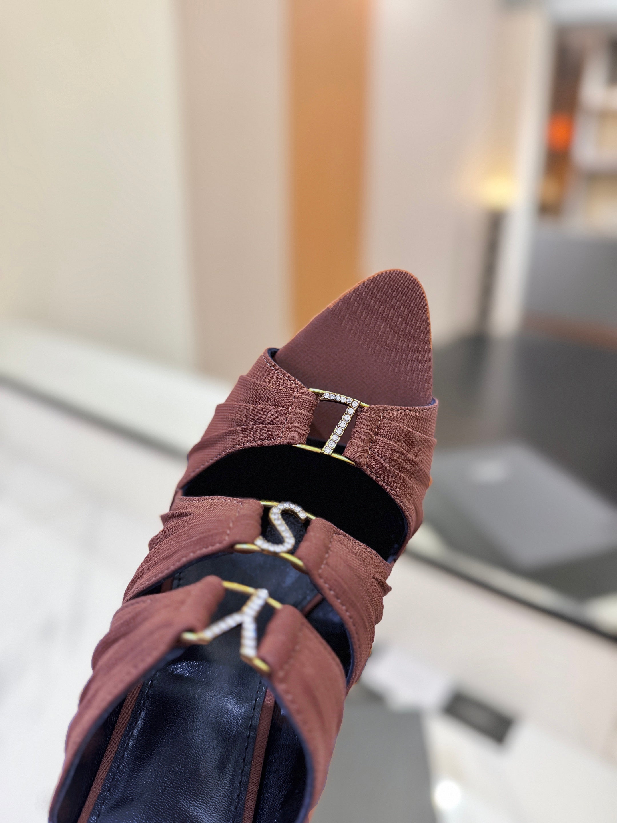 YSL 26S HEELED SANDALS 100 MM IN DARK BROWN FABRIC