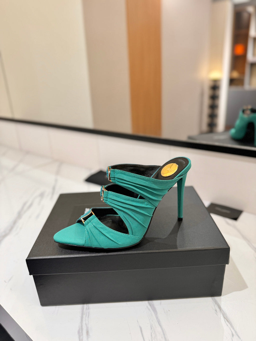 YSL 26S HEELED SANDALS 100 MM IN EMERALD GREEN FABRIC