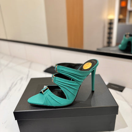 YSL 26S HEELED SANDALS 100 MM IN EMERALD GREEN FABRIC