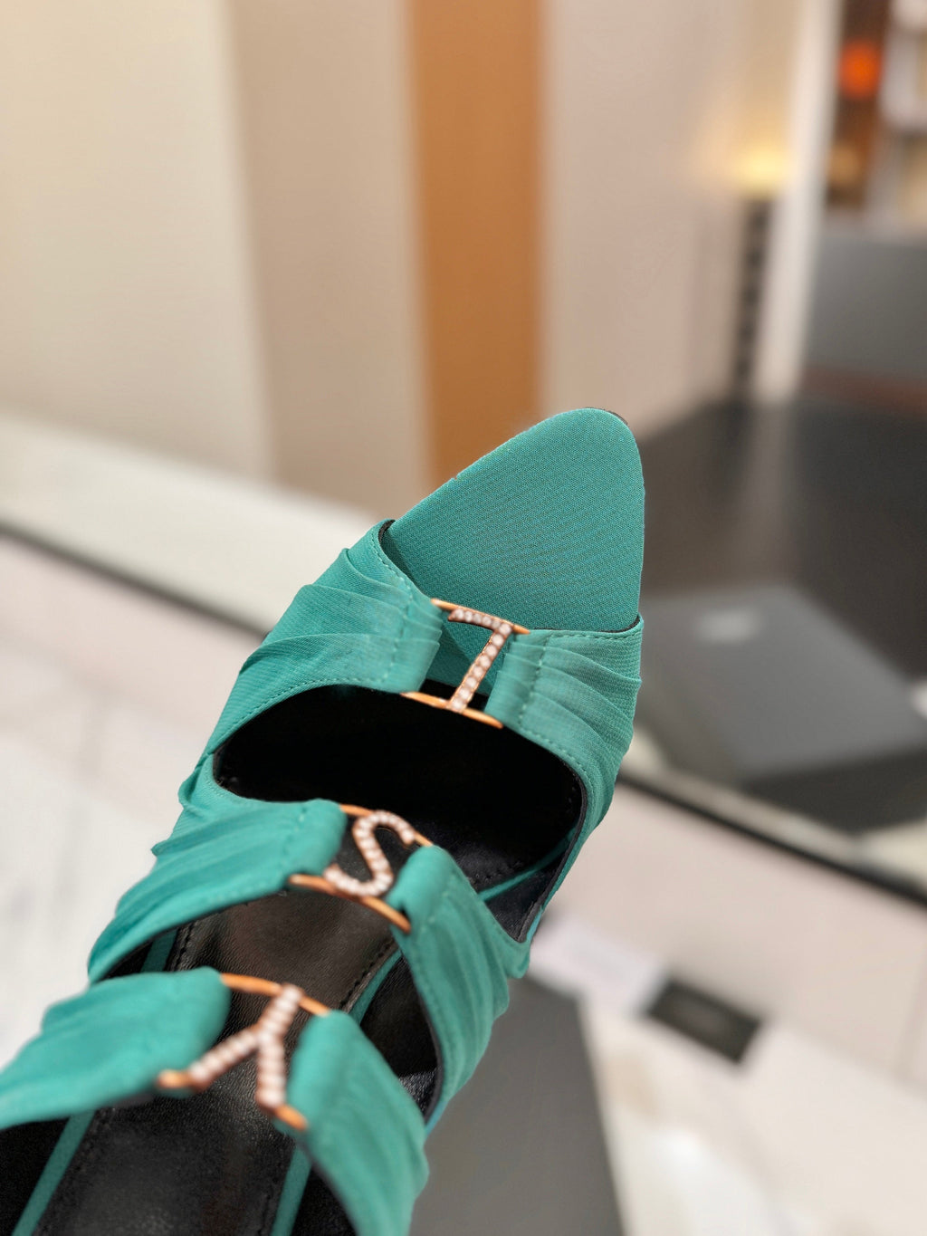 YSL 26S HEELED SANDALS 100 MM IN EMERALD GREEN FABRIC
