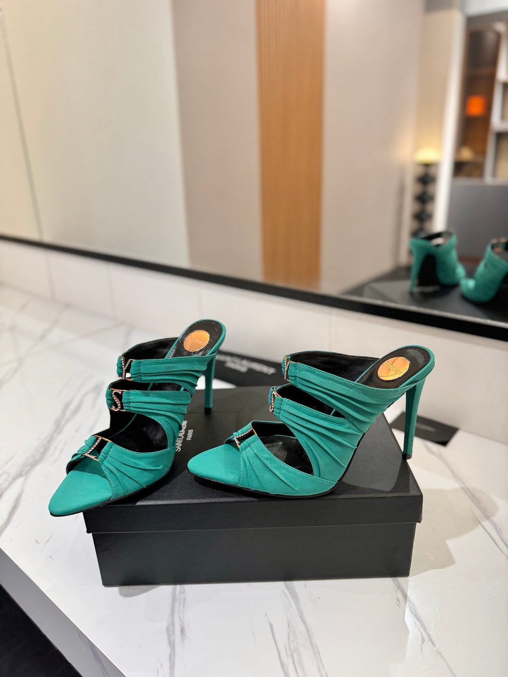 YSL 26S HEELED SANDALS 100 MM IN EMERALD GREEN FABRIC