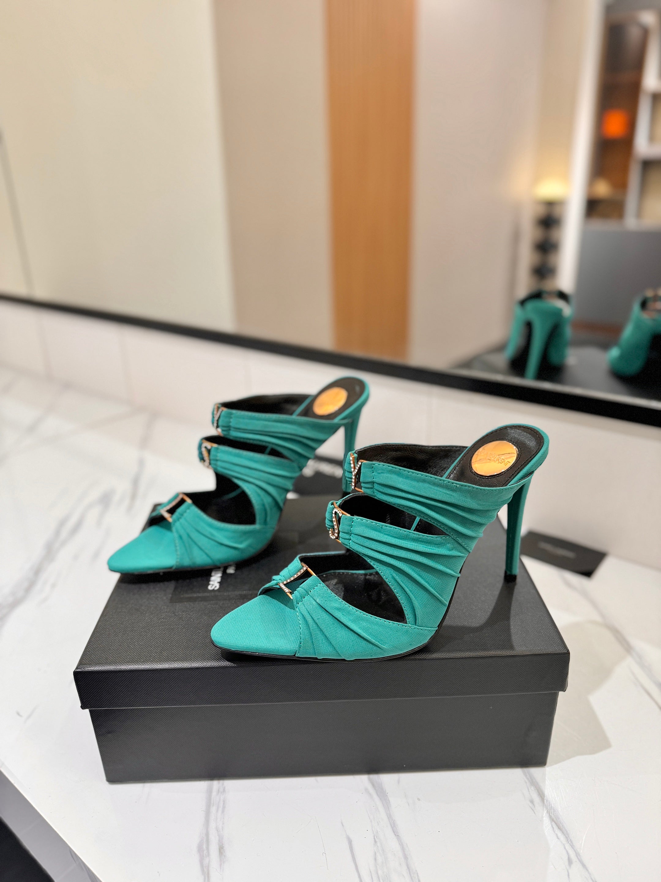 YSL 26S HEELED SANDALS 100 MM IN EMERALD GREEN FABRIC