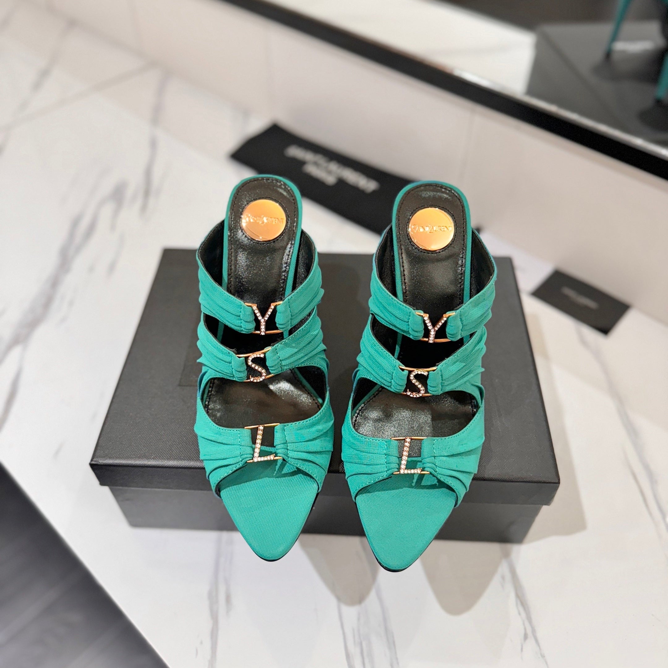 YSL 26S HEELED SANDALS 100 MM IN EMERALD GREEN FABRIC