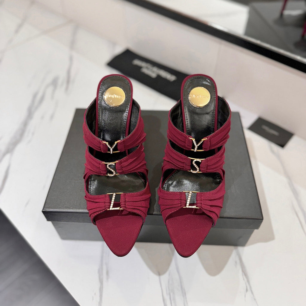 YSL 26S HEELED SANDALS 100 MM IN DARK RED FABRIC