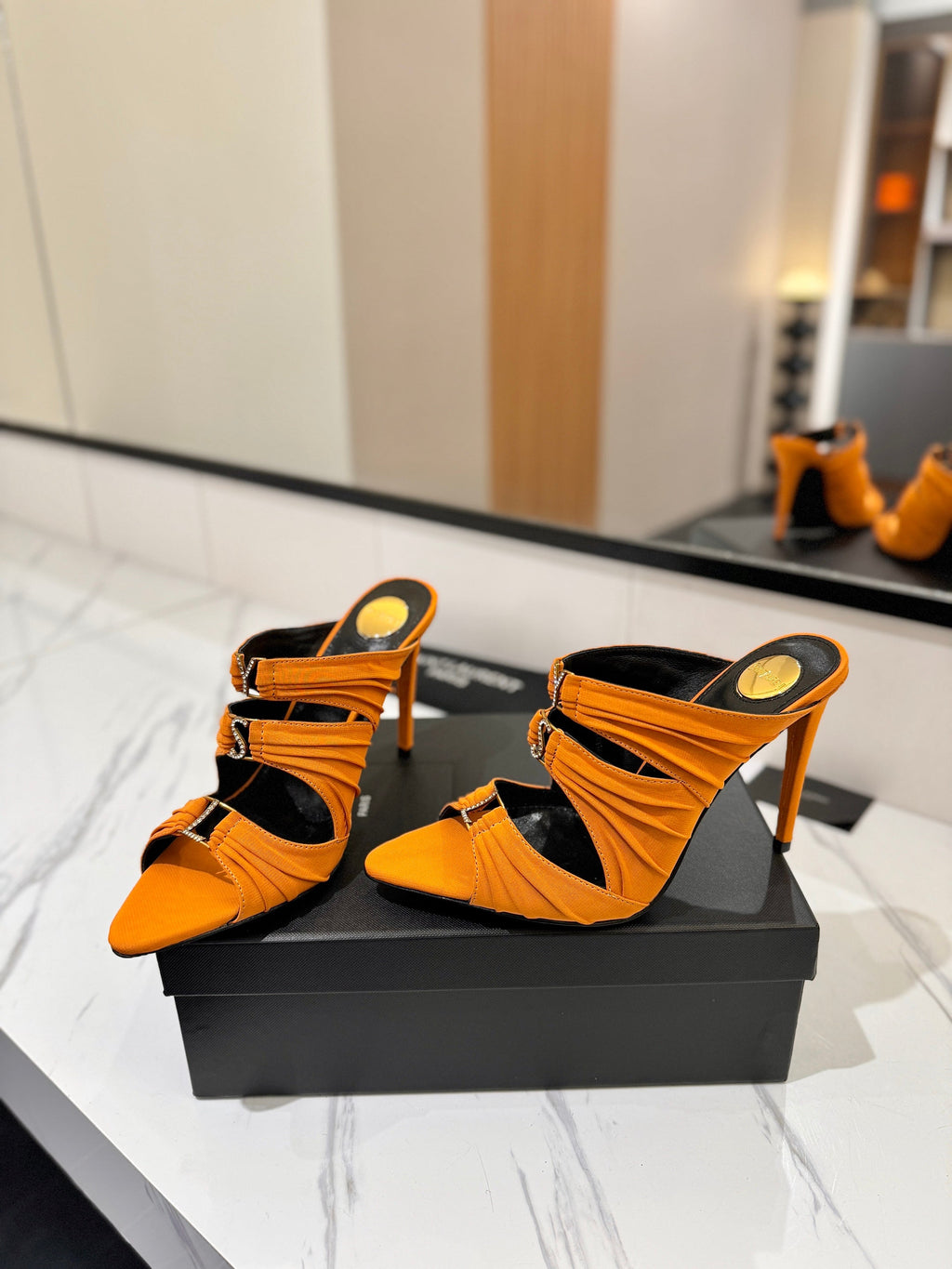 YSL 26S HEELED SANDALS 100 MM IN ORANGE FABRIC